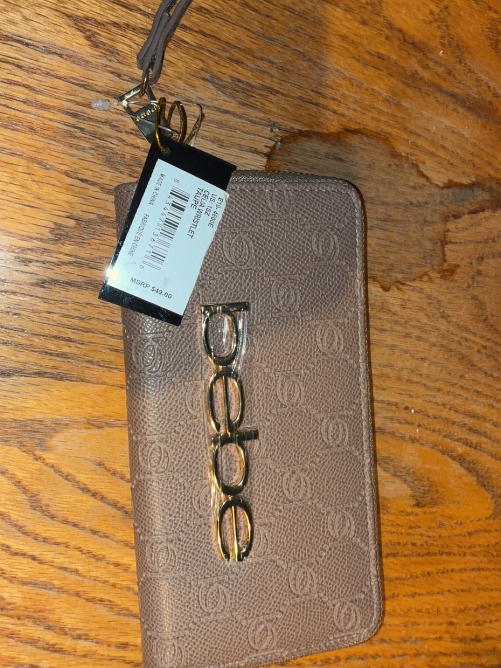 bebe Taupe Brown Embossed Logo Zip Phone Wristlet
